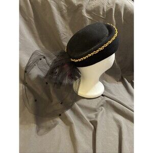 Vtg Betmar Black Wool Ladies Pill Box Hat Polka Dot Toile Pink Feathers Chic